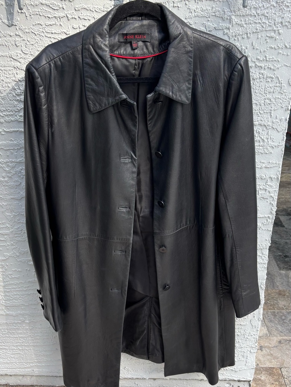 Vintage Anne Klein Woman’s Black Leather Trench Coat Large 90s Aesthetic